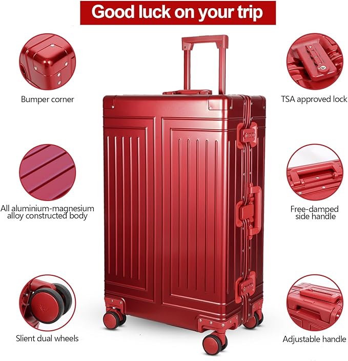 All Aluminum Carry On Luggage，Cut from Whole Aluminum Sheet，22x14x9 Airline Approved ，（3rd Generation，Premium Metal zipperless suitcase ） (red, 28inch)