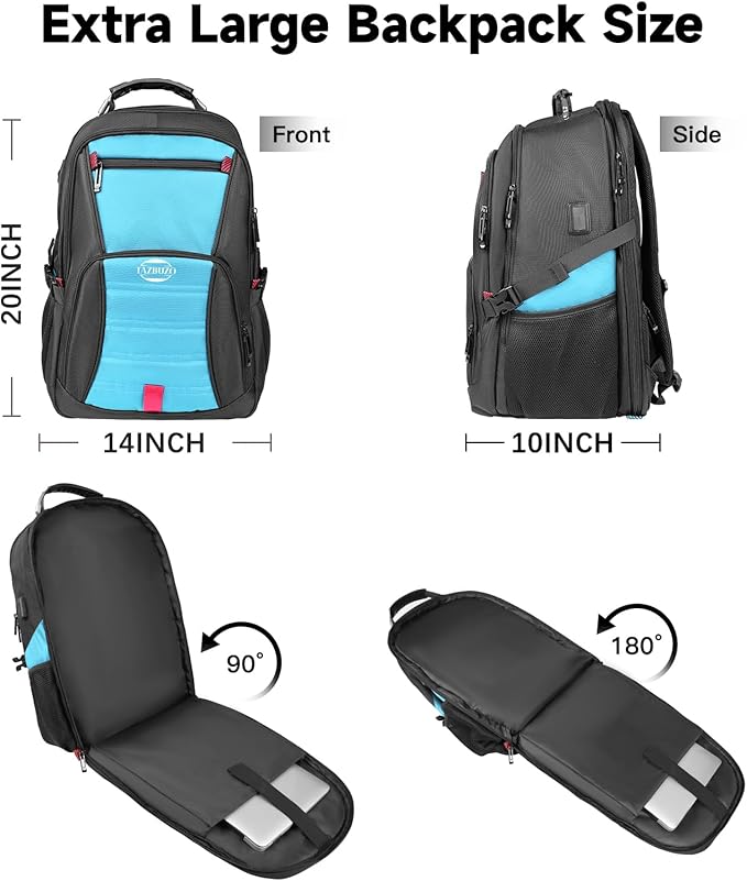 18.4 Inch Extra Large Backpack, Carry on Backpack, 55L Travel Laptop Backpack, Water Resistant Casual Hiking Daypack, Computer Bag with USB Port, College School Backpack for Men Women, Blue