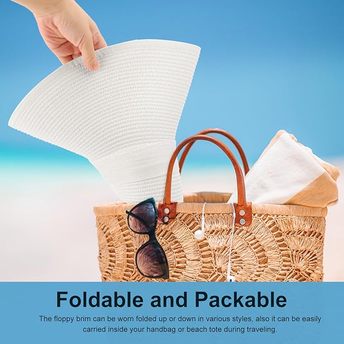 DRESHOW Beach Hats for Women Big Straw Wide Brim Summer Hat Floppy Foldable Roll up Cap Sun Hat UPF 50+