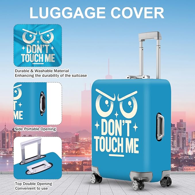 ANNA QUEEN Funny “Don’t Touch Me” Luggage Cover, Bold Blue Suitcase Protector with Angry Eyes Design, Stretchable, Washable Travel Cover for 20-22 Inch Luggage