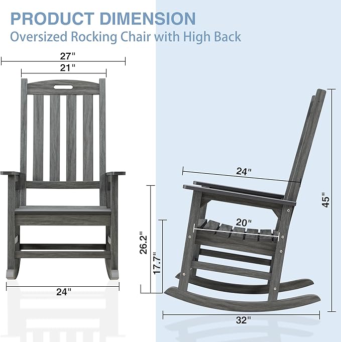 Psilvam Outdoor Rocking Chair Set of 2, Poly Lumber Oversized Rocking Chair with 21" Wide Seat and 32" Tall Backrest, Pre-Assembled with Most Components for Effortless Installation(Dark Gray)
