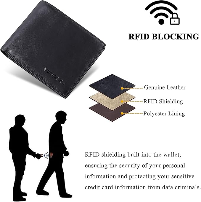 VISOUL Mens Bifold Wallet with 2 ID Windows and 2 Money Compartments, Genuine Leather Designer Wallet with RFID Blocking for Men Two Tone (Black and Burgundy)