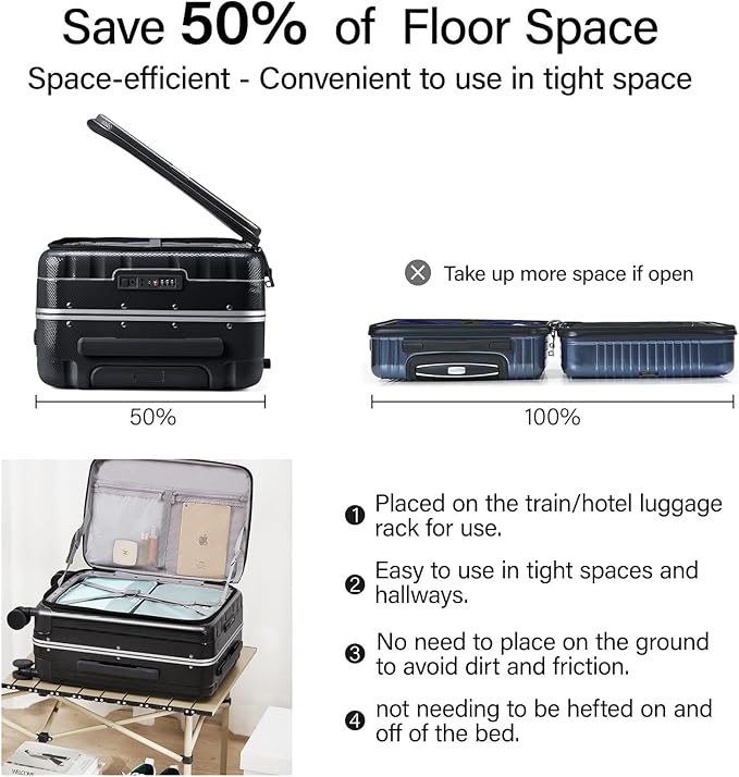 Hanke 20 Inch Carry-On Luggage PC Hard Shell Suitcases for Travel Front Opening Aluminum Frame Travel Luggage Rolling Suitcase with Wheels for Women Man Gifts.(Jet Black)