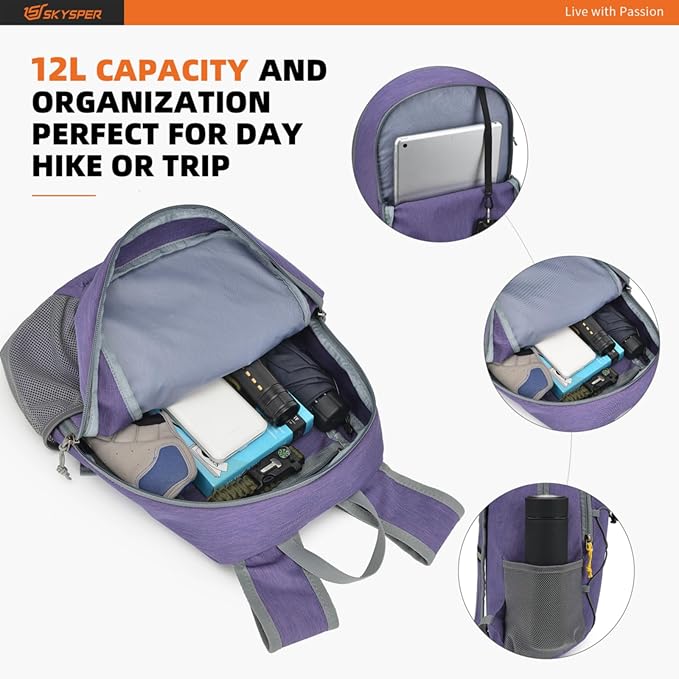 SKYSPER Small Hiking Backpack -12L Lightweight Packable Daypack for Travel Foldable Tear Resistant Backpacks for Women Men