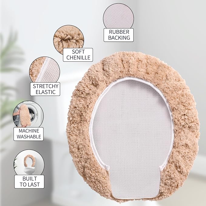 Microfiber Elongated Toilet Seat Cover 19.5"x 15" Machine Washable Solid Toilet Lid Cover Adjustable Rubber Backing Fits Most 18-19.5" L x 14-16" W Elongated Toilet Seat