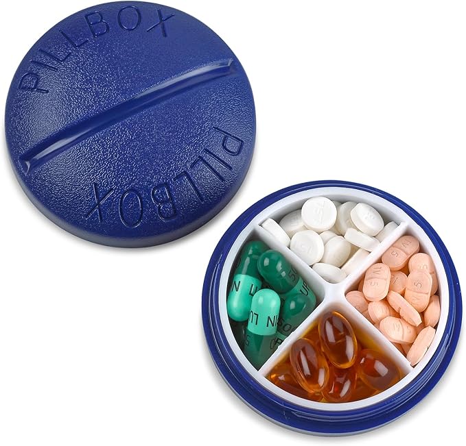 Pill Box Round for Travel - Mini Compact Portable 4 Compartment Pills Case Organizer, Vitamin and Medication Dispenser Holder for Up to 4 Times A Day, BPA Free Pill Reminder by MEDca
