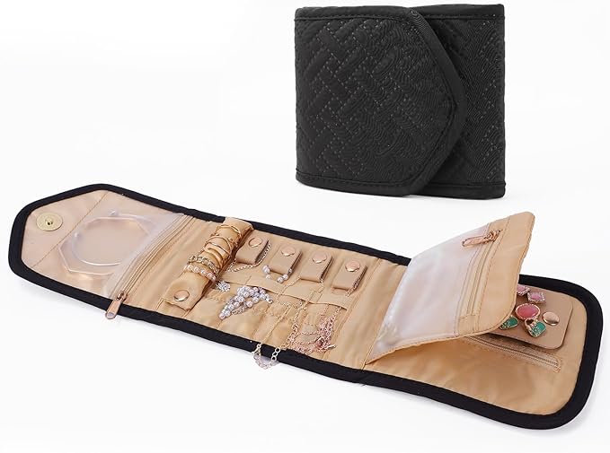 emissary Small Jewelry Travel Case Organizer for Necklace, Earrings, Rings, Bracelet, Jewelry Storage, Earring Storage, Necklace Storage, Valentines Day Gifts Pouch Bag Accessories for Travel(Black)