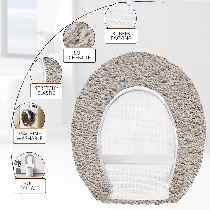 Microfiber Elongated Toilet Seat Cover 19.5"x 15" Machine Washable Solid Toilet Lid Cover Adjustable Rubber Backing Fits Most 18-19.5" L x 14-16" W Elongated Toilet Seat