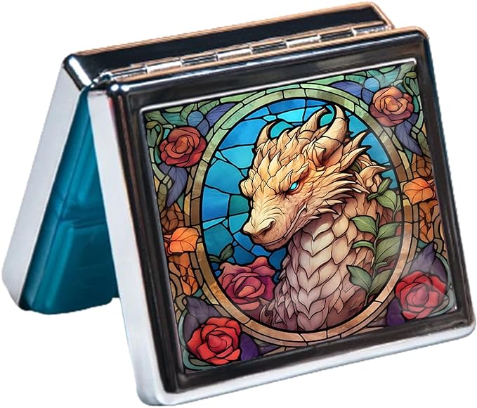 Silver Vintage Pill Box 7 Day Metal Pill Box with Mirror and 8 Compartments Cute Travel Pill Organizer for Purse (Dragon Stained Glass)