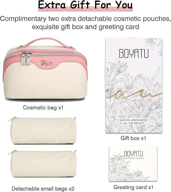 BOYATU Travel Makeup Bag Organizer Cosmetic Bag: 3 Pcs Set Make up Bags for Women with Handle - Waterproof Vegan Leather Toiletry Bags with Comparments (D-02-White)