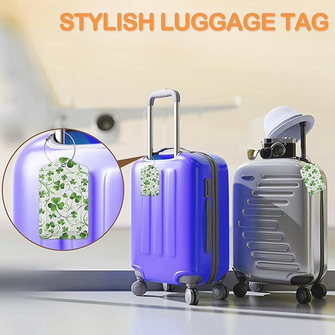 St. Patrick’s Day 3 PCS Luggage Tags, Lucky Clovers Leather Suitcase Tags with Privacy Cover Name Address Labels and Durable Steel Loop for Men/Women Travel Bag Suitcases
