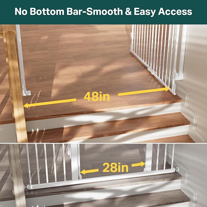 Cumbor 34" Extra Tall Baby Gate for Stairs, Wall-Mounted (Drill Required), Expandable 31.6-48" No Bottom Bar Dog Gate Indoor for Larger Pets, Large Walk Thru Door for Easy Access (White)