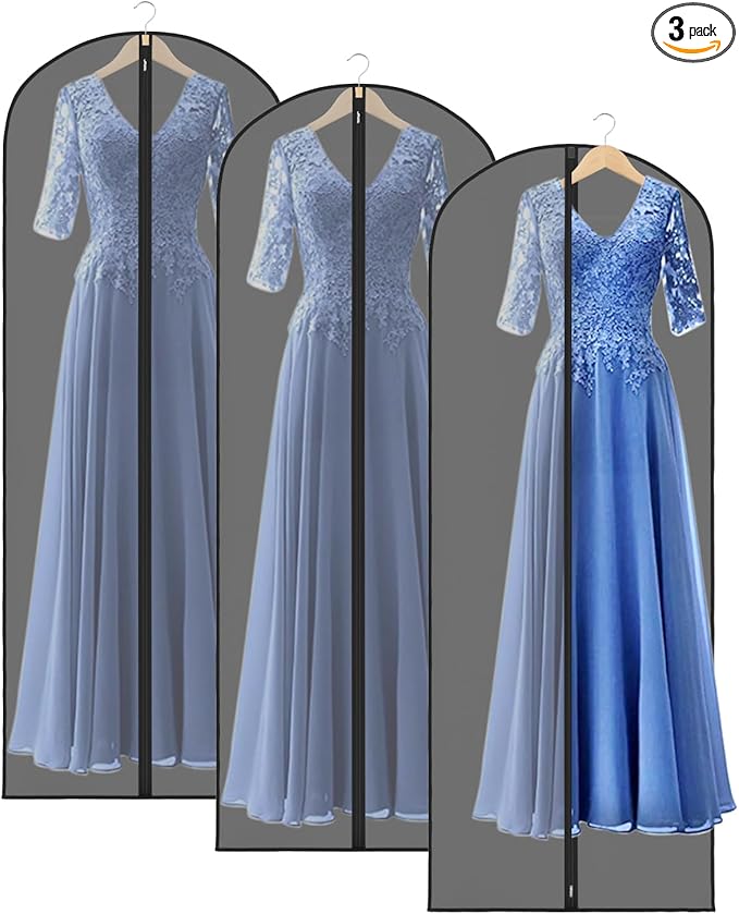 Zilink Clear Dress Bags for Gowns Long 65'' Garment Bags for Hanging Clothes Foldable Long Garment Bags for Dresses for Closet Storag - Clear/Black, 3 Pack