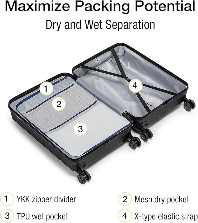 KYME Hardside Carry On Luggage 22x14x9 Airline Approved with TSA Lock Hardshell Carry On Suitcase with Spinner Wheels Travel Rolling 22 Inch Luggage with Cup Holder for Men Women Black