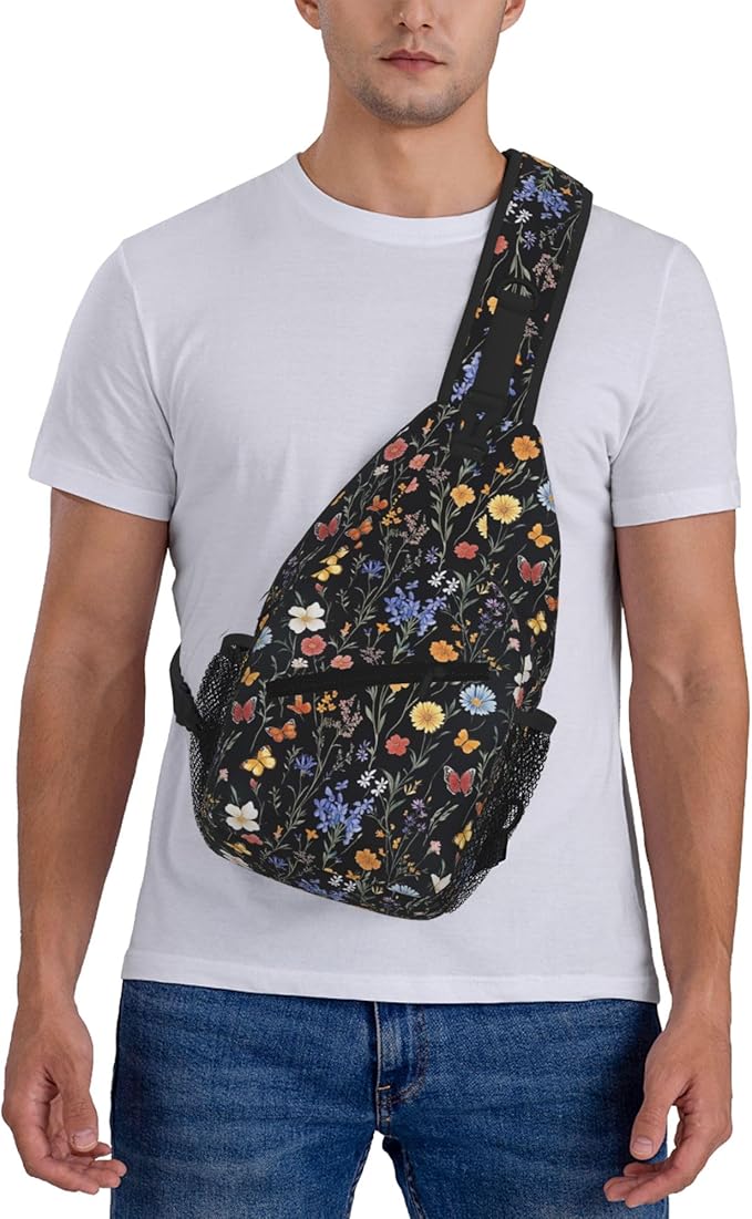 SUPLUCHOM Sling Bag Vintage Botanical Flower Wildflower Hiking Daypack Crossbody Shoulder Backpack Travel Chest Pack for Men Women