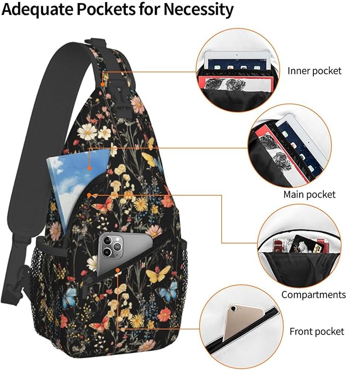 SUPLUCHOM Sling Bag Wildflower Botanical Butterfly Flower Hiking Daypack Crossbody Shoulder Backpack Travel Chest Pack for Men Women