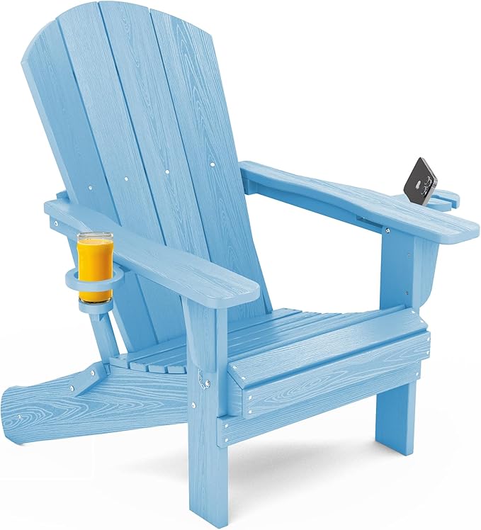 SERWALL Adirondack Chair with Cup Holders - Composite Adirondack Chairs Set of 4 HDPE Outdoor Chairs All Weather Use- Light Blue