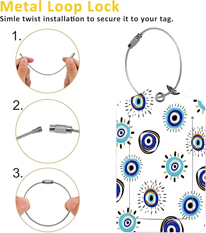2 Pack Luggage Tag for Suitcase,Evil Eye PU Leather Suitcase Tags Identifiers with Privacy Name Address Labels and Durable Steel Loop for Women Men Travel