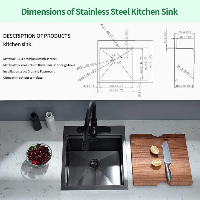 Kitchen Sink, 17 x 19 Inch Drop in Bar Sink Gunmetal Black Stainless Steel Workstation Sink Topmount Kitchen Sink Single Bowl with Cutting Board