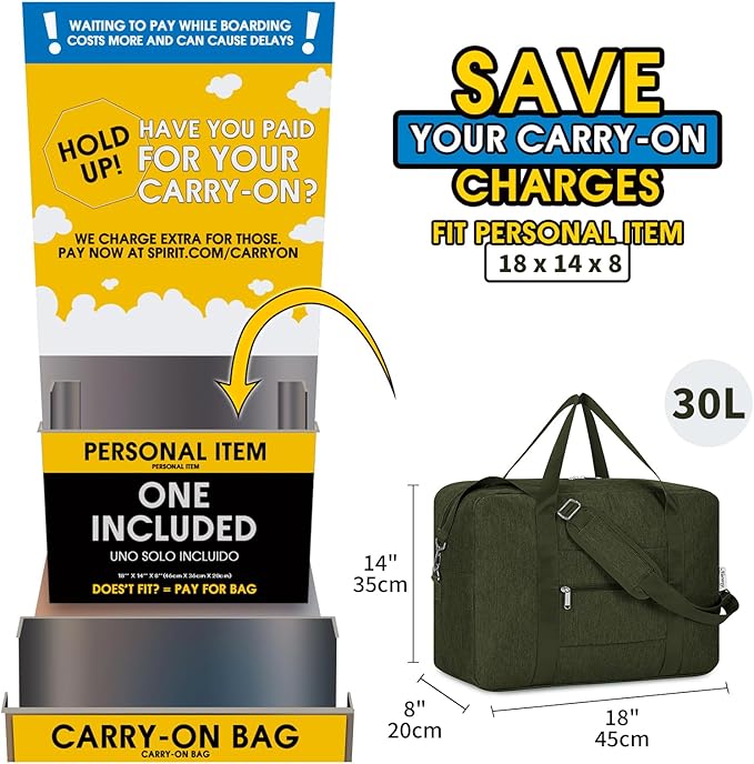 For Spirit Airlines Personal Item Bag 18x14x8 Foldable Travel Duffel Bag Underseat Carry on Luggage for Women and Men 30L (Army Green)