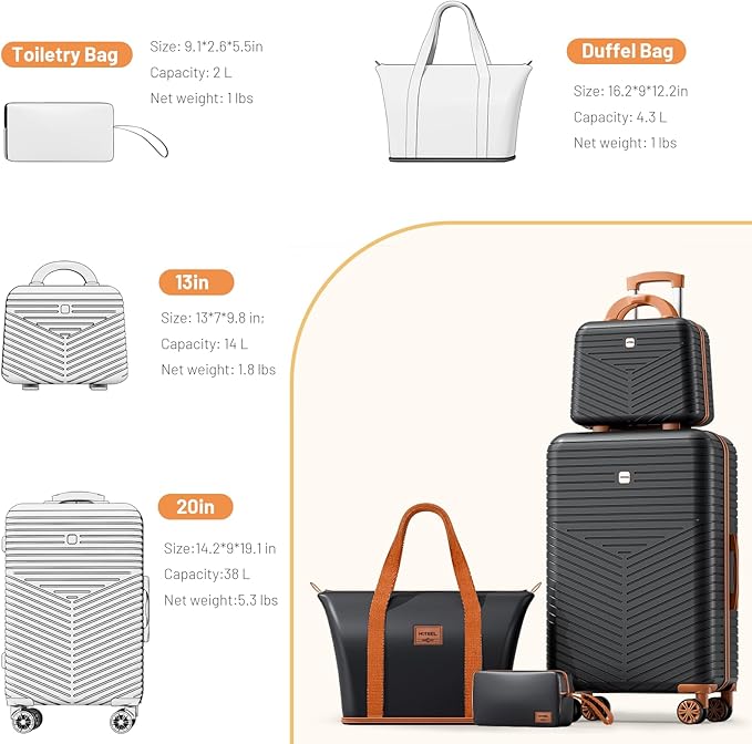 Hoteel 4 Piece Luggage Set (4-YEAR WARRANTY) with Spinner Wheels & TSA Lock, Carry on Luggage Hardshell ABS+PC, Travel Collection Suitcases Sets, Black(13/20",Travel Bag,Cosmetic Bag)