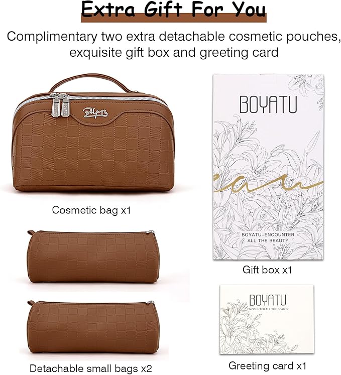 Travel Makeup Bag Organizer Cosmetic Bag: 3 Pcs Set Make up Bags for Women with Handle - Waterproof Vegan Leather Toiletry Bags with Comparments (C-03-Brown)