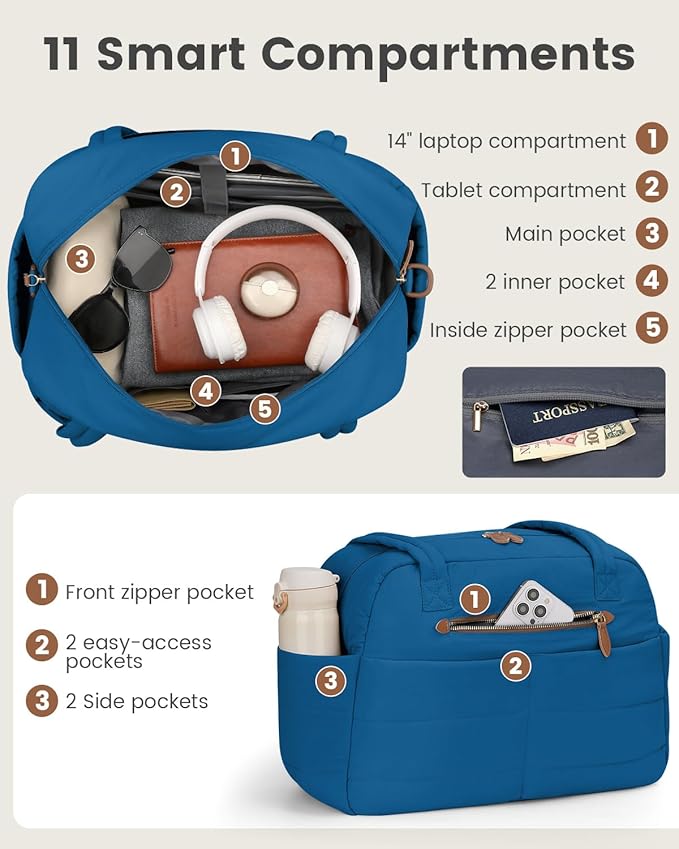 Travel Duffle Bag,Puffer Carry On Duffel Bag with Laptop Compartment Waterproof Overnight Weekender Bags for Women Large Hospital Tote Bags for Labor and Delivery(Medium,Blue)