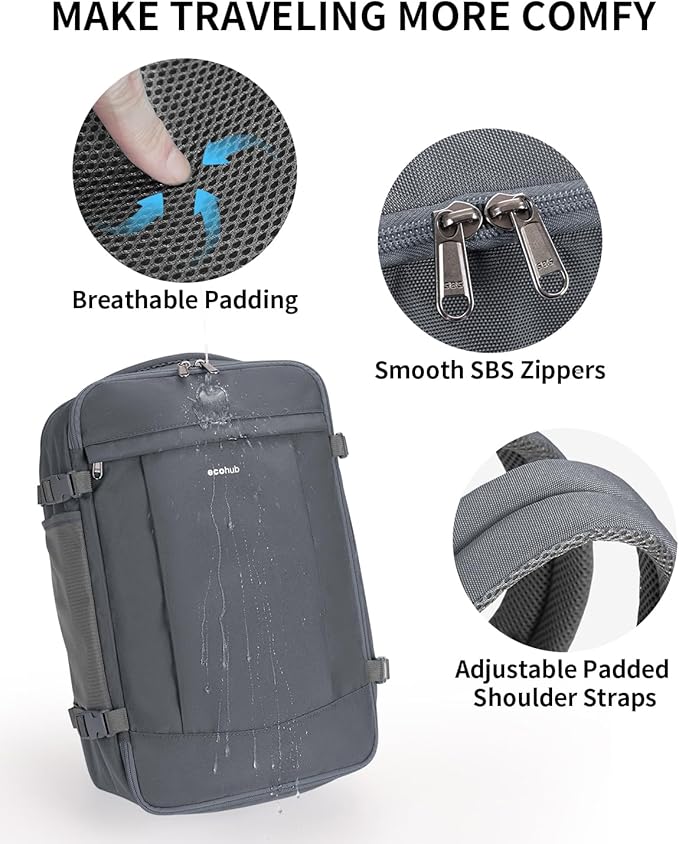ECOHUB Travel Backpack for Men Women, Carry on Backpack with USB Charging Hole, Spirit Airlines Personal Item Bag Flight Approved, 15.6 Inch Laptop Backpack with Anti Theft Pockets, 30L, Grey