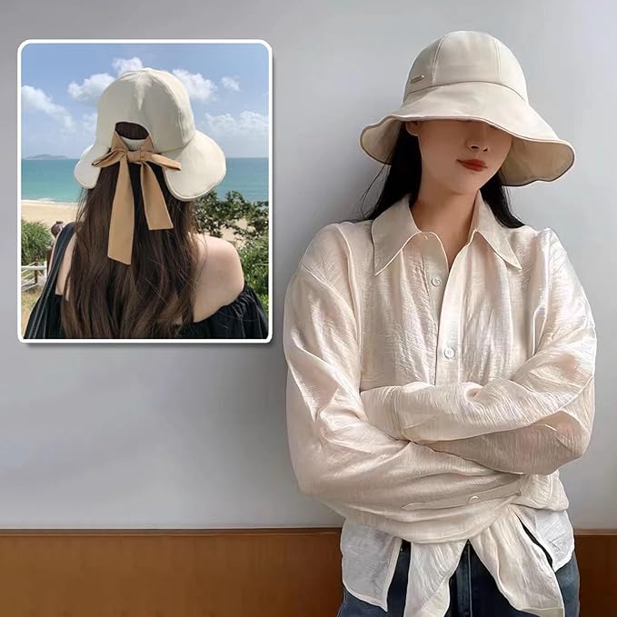 Wide Brim Hats for Woman Foldable Hats Sun Hats for Women uv Protection Bowknot Bucket hat Adjustable hat with Ponytail Hole