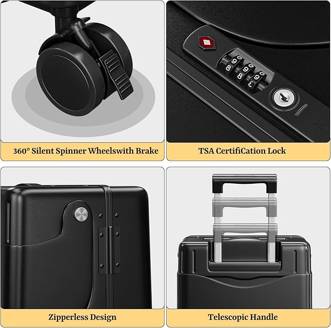 Hardshell Carry On Suitcase with Child Seat, Black Travel Luggage with Front Compartment & 4 Lockable Spinner Wheels, TSA Lock, USB Port, Luggage Cover, Safty Seatbelt (Front-Opening Black, 20 Inch)