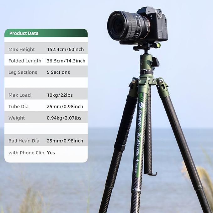 Fotopro Carbon Fiber Tripod 60 Inch 360 Degree Ball Head Quick Release Plate Lightweight Camera Tripod for Travel Tripod Folded Height Only 14.2",Max Loads up to 22lbs,Green