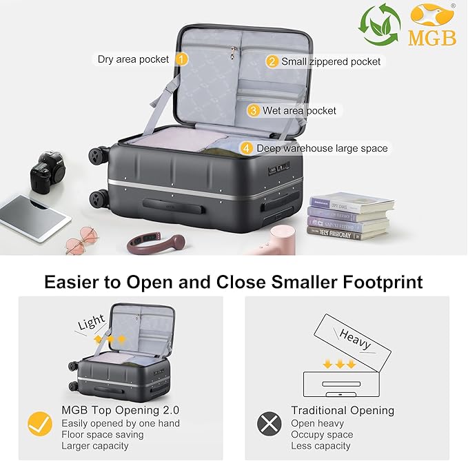 MGB 20 Inch Top Open Carry On Luggage 22x14x9 Airline Approved, Hard Shell Carry On Suitcase with Spinner Wheels, Travel Small Luggage Built-in TSA Lock for Women Men Gifts (Charcoal Grey)
