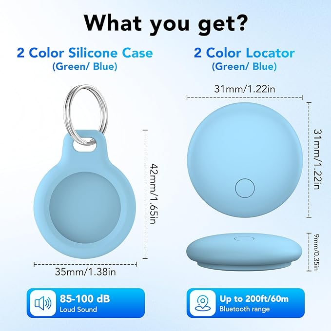 Air Tags Tracker 2-Pack, Item Finders Work for Apple Find My APP(iOS Only) Tracker Tags for Keys, Luggage, Backpack etc,Replaceable Battery, IP67 Waterproof with Holder Keychain,Sky Blue and Green