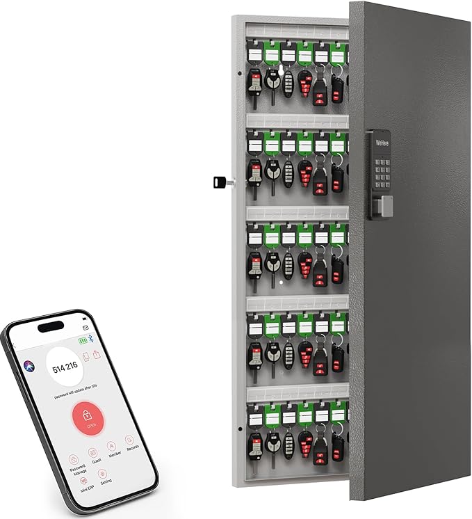 120 Key Lock Box,Metal Key Cabinet Organizer Wall Mount use OTP Technology Unlock,Fixed Password/Bluetooth Unlock, App Remotely Generates Pin Codes Without Internet,Great for Key Hook & Storage