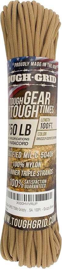 TOUGH-GRID 750 Paracord Rope Nylon Parachute Cord, Made in USA Survival Kit, Outdoor Adventures, Camping, Tactical Gear & Emergency Supplies, Military Type IV Mil-Spec