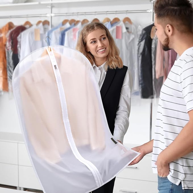 BALEINE 60'' Translucent Garment Bags, 6 Packs PEVA Dress Bag for Closet Clothes Dresses Suit Coats Storage (White, 6PK)