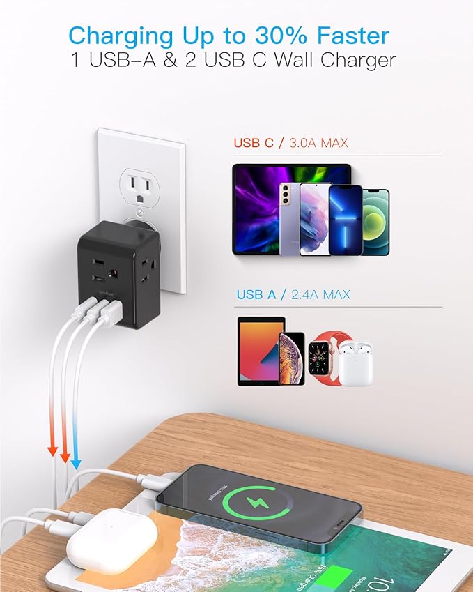 Multi Plug Outlet Extender, Power Strip Non Surge Protector Electric Outlet Splitter with 3 USB Wall Charger (2 USB C), Multiple Outlet Expander for Cruise, Dorm, Travel, Home, Office(Black)