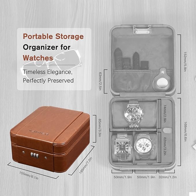 KAMIER Watch Case with Combination Lock - 4 Watch Storage and Jewelry Organizer - Watch Travel Case for Ring and Watch Storage, PU Leather Travel Watch Case, Ideal for Gift (With Gift Box), Brown