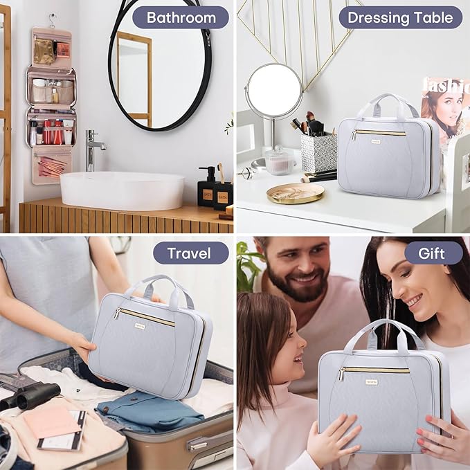 Hanging Toiletry Bag for Women Travel, 2 Sizes Large & Small Waterproof Cosmetic Organizer with 4 Compartments, Rotating Hook, Foldable Pink Travel Bag for Toiletries & Makeup - Large Grey