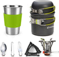 Odoland Camping Cookware Stove Carabiner Canister Stand Tripod and Stainless Steel Cup, Tank Bracket, Fork Spoon Kit for Backpacking, Outdoor Camping Hiking and Picnic
