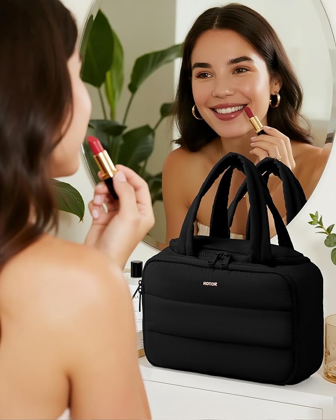 HOTOR Travel Toiletry Bag - Wide-Open Toiletry Bag for Women, Multi-Pocket Makeup Bag for Travel Essentials, Wet & Dry Separation Travel Accessories for Trip, Gym, 11.4" x 5.9" x 8.3", Black