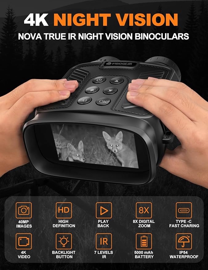 Night Vision Goggles - NOVA 4K Night Vision Binoculars for Adults, 3“ HD Screen Binoculars with 7 Levels Infrared 32GB Card Included Perfect for Camping & Security, Black