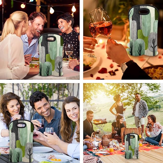 Neoprene Wine Tote, Bottle Carrier Gag Insulating Neoprene Thicker, Insulated Wine Bag for Travel Holds Two Bottles, Bottle Carrier Bags Protect the Bottles, Line Tree
