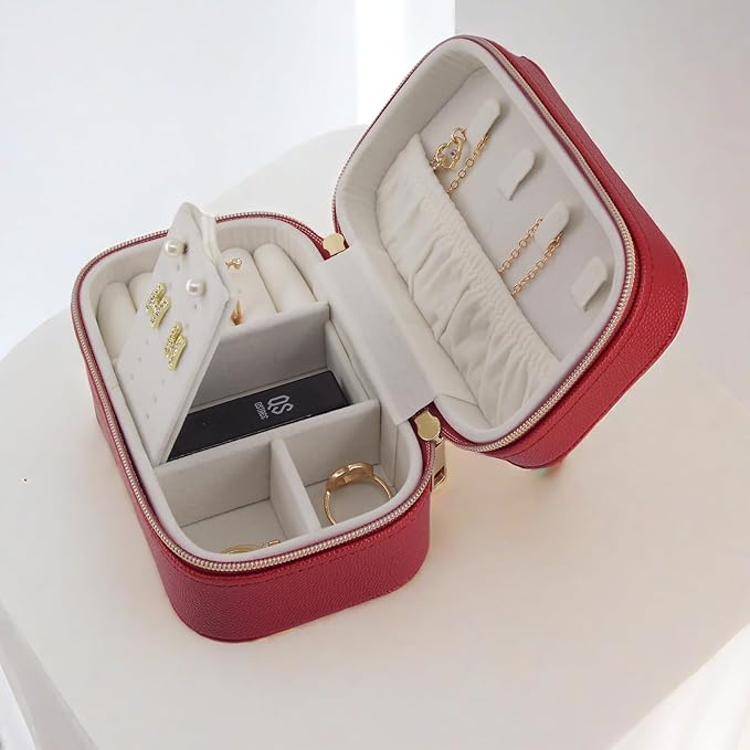 Small Jewelry Travel Case For Womens Small Rectangle PU Leather Jewelry Box With Zipper 2.56" H Portable Travel Jewelry Case For Earring Rings Necklaces Bracelets Red Jewelry Gifts Box