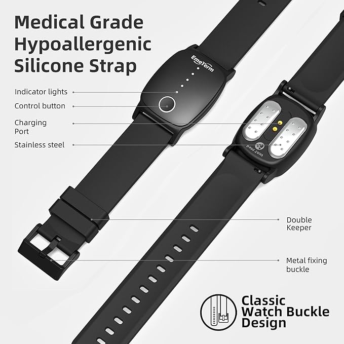 EmeTerm Explore FDA-Cleared Anti-Nausea Wristband IP67 Waterproof Morning Motion Sickness Relief Band Rechargeable Classic Strap Design Drug Free Non-drowsy Without Side Effects Galaxy Black
