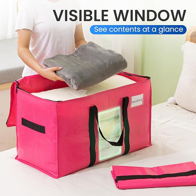 TAILI 10 Pack Pink Extra Large Moving Bags, Heavy Duty Totes with Visible Window, Wrap Around Handles, Ideal for Storage, Space-Saving