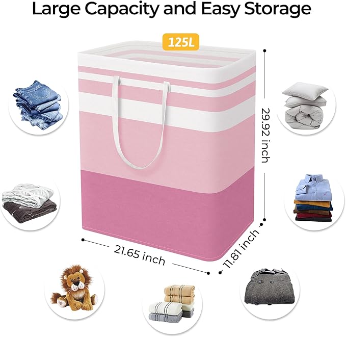 HomeHacks 2 Pack Large Laundry Baskets, Waterproof, Freestanding Laundry Hampers, Collapsible Clothes Hamper with Reinforced Handles in Laundry, College Dorm, Bathroom, Bedroom (Blue+Pink, 125Lx2)