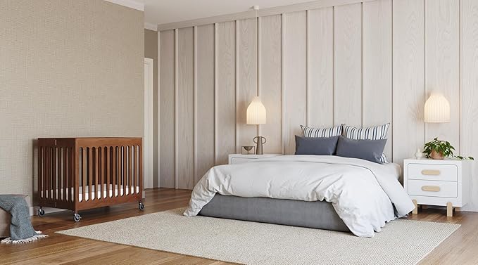 Foundations Boutique Folding Mini Baby Crib - Compact, Portable, Wooden Hotel Crib, Foldable Mini Crib for Baby & Toddlers - Includes 3" Foam Mattress, Cherry