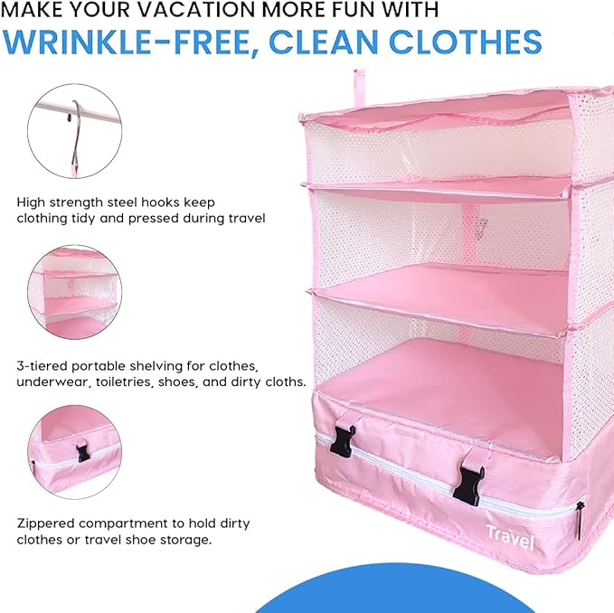 Grand Fusion Stow-N-Go Travel Luggage Organizer – Portable Hanging Travel Shelves, Carry-On Closet Organizer, Hanging Packing Cubes, Collapsible Carry-On Organizer for Cruises & Hotels. Pink - XL