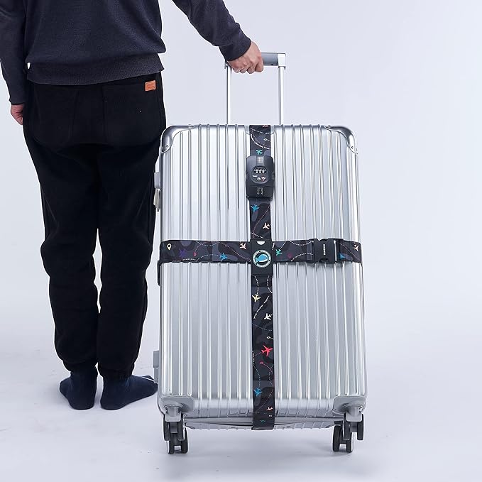 Travelkin Luggage Straps TSA Approved - Adjustable Cross Suitcase Straps with TSA Lock, Reinforced Buckle, Unique Pattern - Secure Heavy Duty Luggage Straps for Travel (Air Line Black)